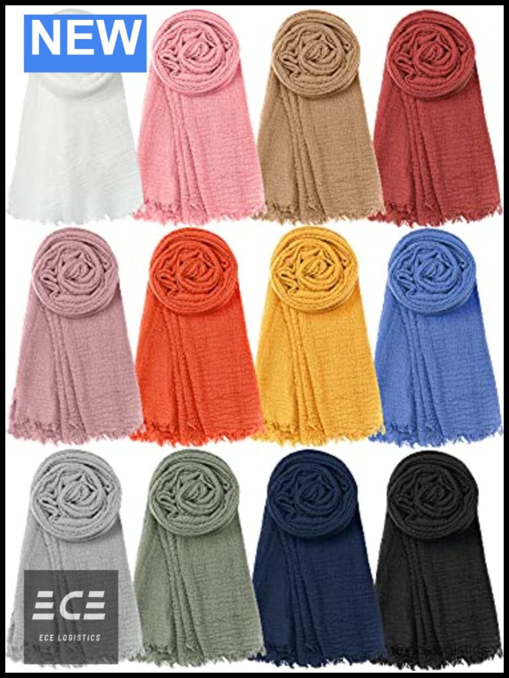 12 Pc Hijab Scarf Set Polyester Long Head Wrap Shawl for Women